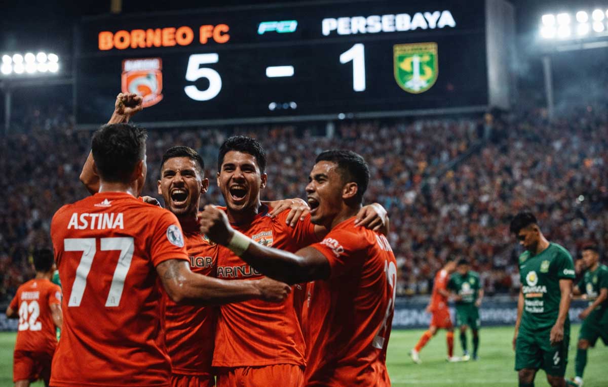 Selebrasi pemain Borneo FC setelah mencetak gol ke gawang Persebaya Surabaya pada pertandingan Liga 1