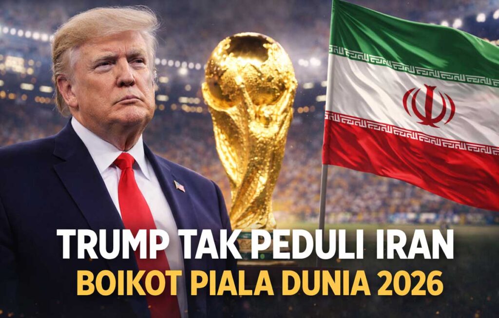 Donal Trump dengan bendera Iran dan latar Piala Dunia 2026