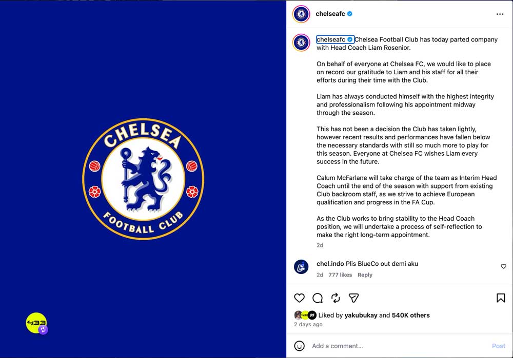 Statement Chelsea Liam Rosenior dipecat.